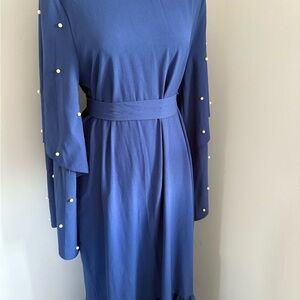 Elegant Blue Maxi Dress with Pearl Accents